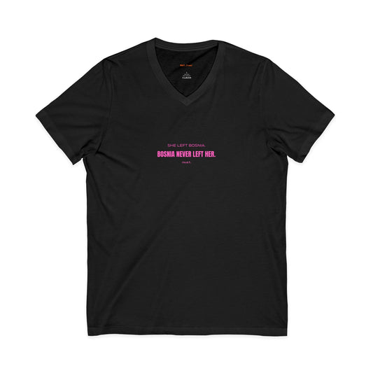 'Bosnia never left her' Minimal Pink Text Women's Awareness Shirt